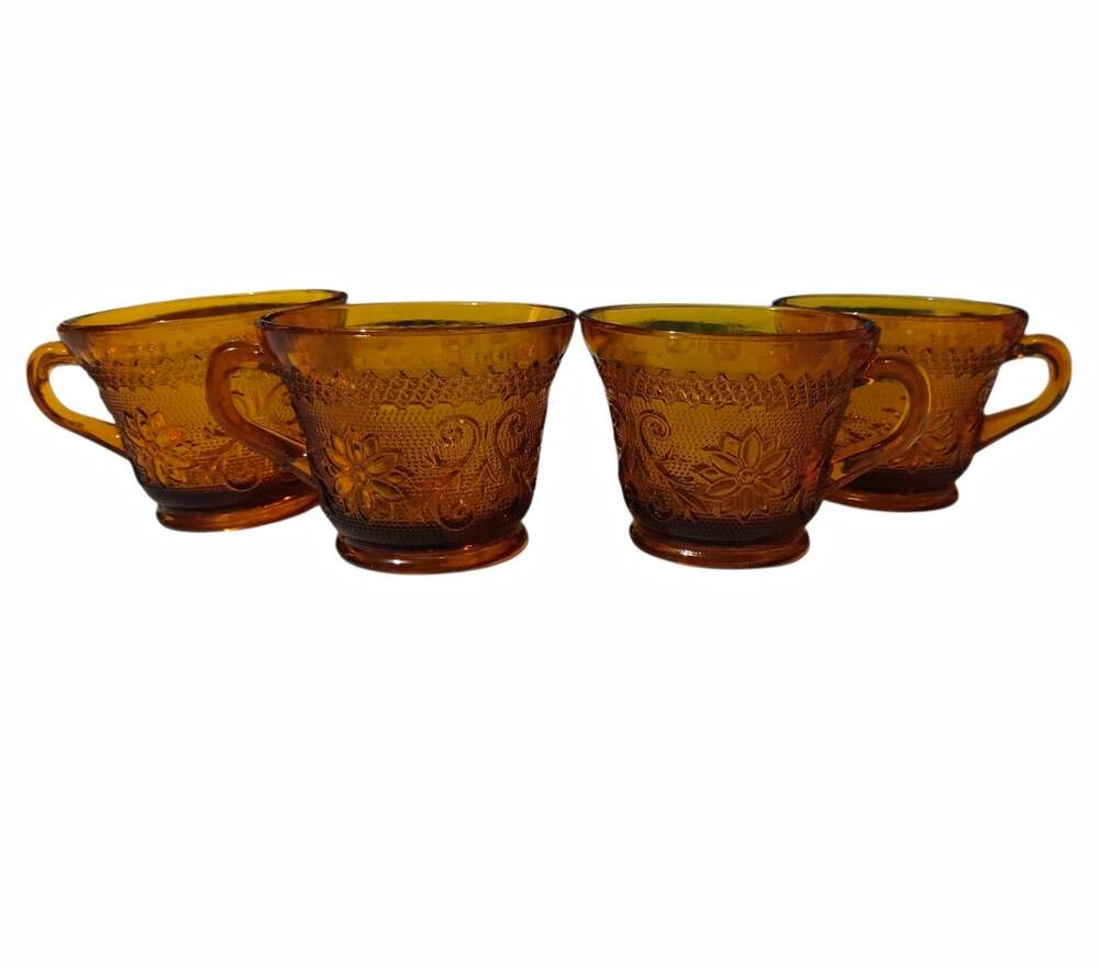 Set of 4 Amber Pressed Glass Floral Handled Mugs 5 oz Round Decorative MPN 2417